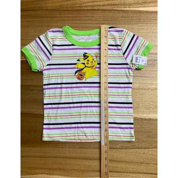 Pokemon Kids Halloween Pikachu T-Shirt Striped Short Sleeve Green Collar & Cuffs - Picture 7 of 10